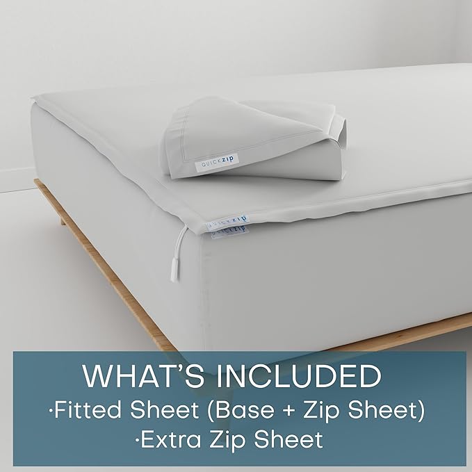 QuickZip Fitted Plus Spare Bundle: 1 Fitted Sheet (Base + Zip Sheet) & 1 Zip Sheet - Easy to Change, Won’t Pop Off - Soft Percale 400 TC 100% Cotton - 15” Deep Pockets Twin Size Sheets – Misty Gray