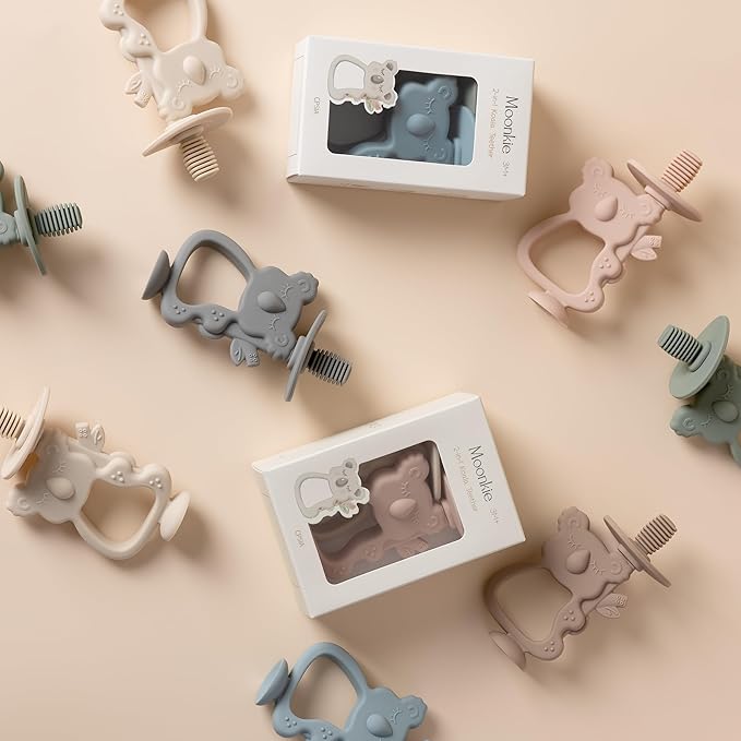 Moonkie Teething Toy Set of 2, Safe & Easy to Hold BPA Free Silicone Teethers, 360° Baby Toothbrush with Suction Base, Teether Toys Best for Babies 6-12 Months (Koala Warm Taupe/Lunar Grey)