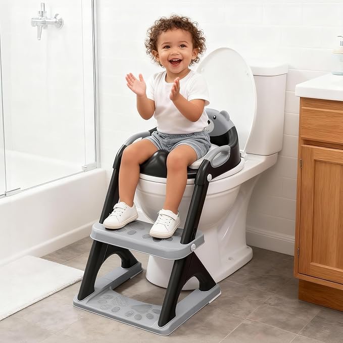 Potty Training Seat ，SKYROKU Potty Training Toilet with Step Stool Ladder, for Kids Boys Girls Toddlers - Comfortable Safe Potty Seat with Anti-Slip Pads Ladder (8898 Black)