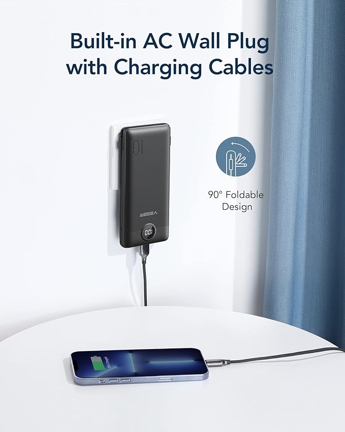 VEGER Portable Charger with Built-in AC Plug and Cables, All in One 10000mAh Ultra Slim Power Bank Travel Essentials, 15W Fast Charging Battery Pack Compatible with iPhone, Samsung, Android (Black)