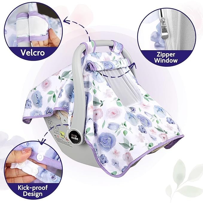 Baby Carseat Seat Cover Girls, Winter Carseat Canopy, Cozy & Warm Cover with Zipper Peep Windows, Infant Minky Carrier Cover, Soft Breathable, Baby Must Have, Purple Romantic