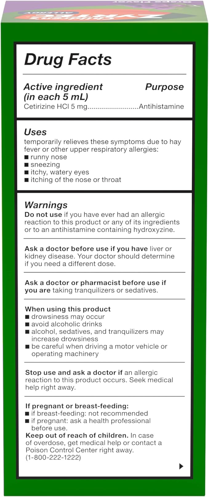 Zyrtec Children’s 24-Hour Allergy Relief Syrup, 5 mg Cetirizine Hydrochloride Antihistamine, Kids Allergy Medicine for Indoor/Outdoor Allergies & Hay Fever, Dye-, Alcohol- & Sugar-Free, Grape, 8 fl oz