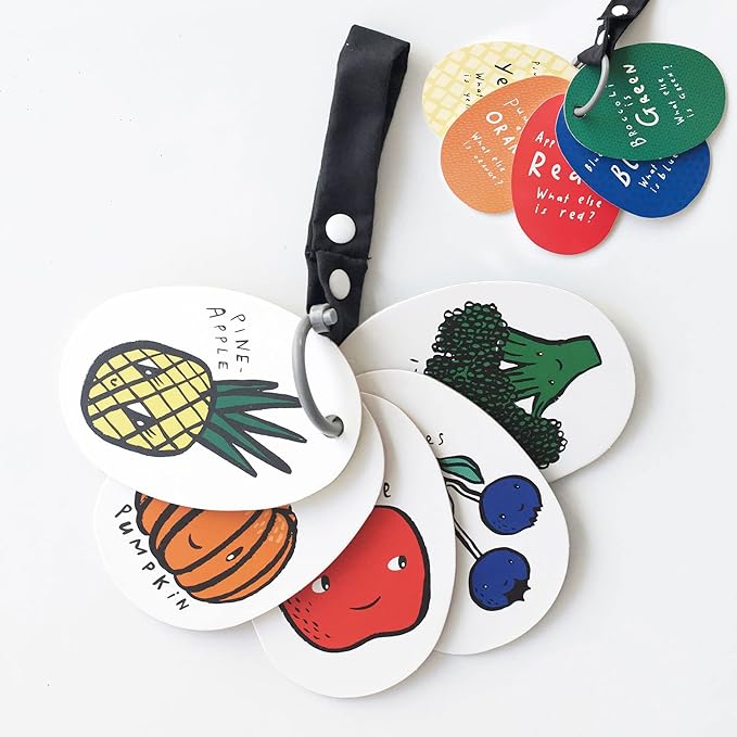 Wee Gallery Stroller Cards - I See In the Market- Food and Colors Travel Activity for Babies and Kids, with Snap on Strap for Walks, Car Seat, Bag, Stroller