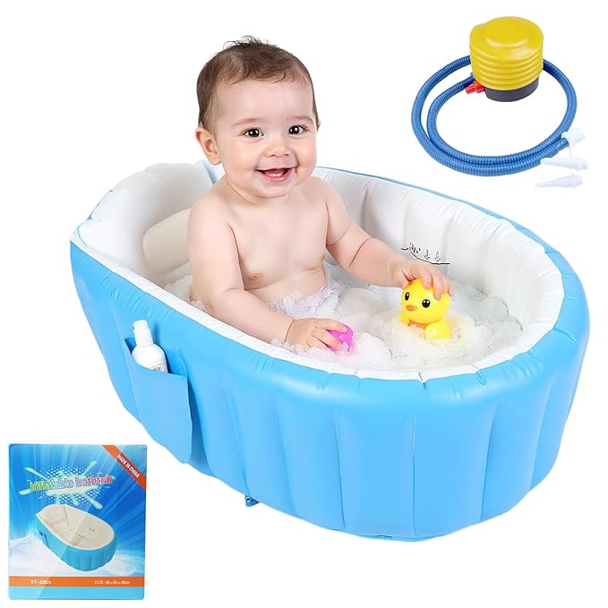 Inflatable Baby Bathtub, Collapsible Safe Baby Bath Tub, Portable Travel Shower Basin with Built-in Air Pump, Newborn to Toddler Bath Tub, Deflates and Folds Easily, Non-Slip (Blue)