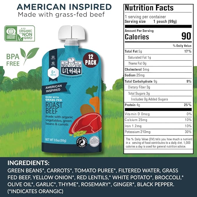 Li'l Hala Foods - Baby Meat Pouches - Toddler Meals with Meat – Protein & Healthy Fats Puree – No Hormones – 6+ Months – 3.5 oz (12 Pack) (Roast Beef)