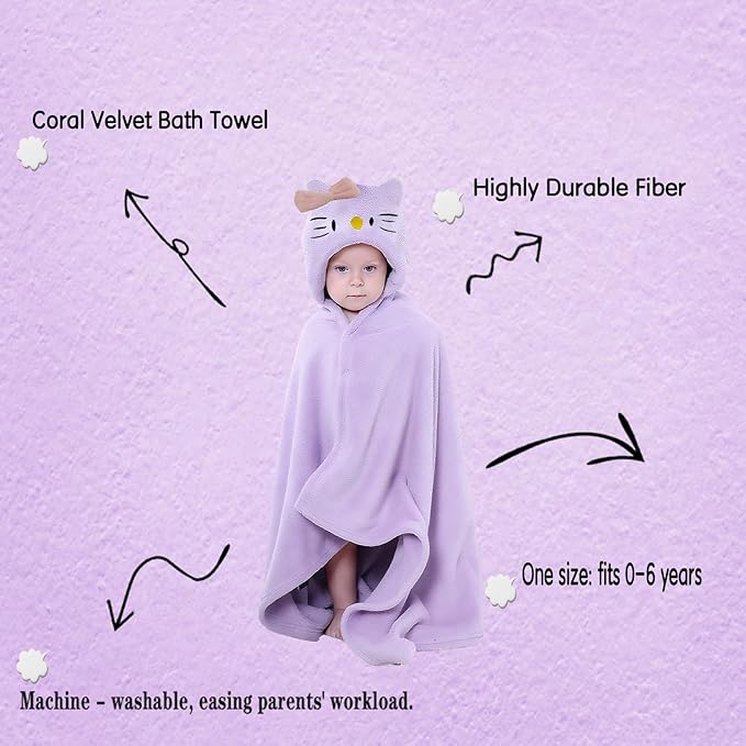 Toddler Bath Towel Baby Towels with Hood 27.5"X55" Ultra Absorbent Soft Bathrobe Blanket Kids Shower Towel for Girls and Boys(Purple-Cat)