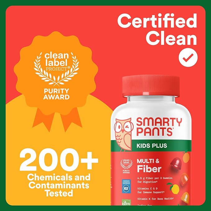 SmartyPants Kids Multivitamin & Fiber Gummies: Prebiotic Fiber to Support Kids Digestion with Vitamin D3, C, Vitamin B12, B6, A, Zinc, Biotin, Folate, Three Fruit Flavors, 120 Count (40 Day Supply)
