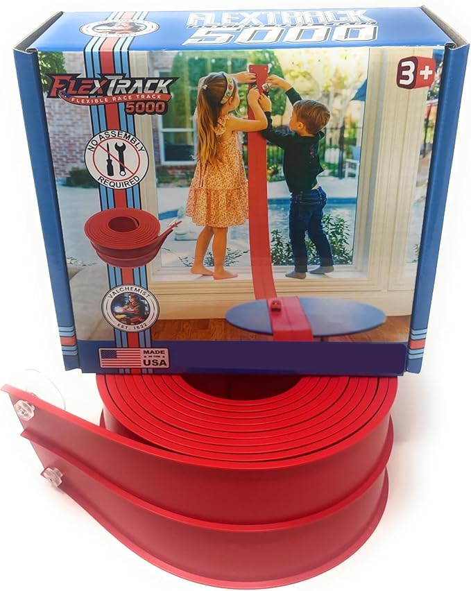 FlexTrack 5000 Flexible Race Car Track for Kids Toy with Suction Cups Compatible with Hot Wheels and Diecast 1/64th Cars and More 15 Feet Long Rolls Up Portable Racetrack (Rocket Red)
