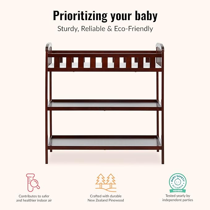 Dream On Me Emily Changing Table, Compact and Lightweight, Solid New Zealand Pinewood, Elevated Safety Rails, Two Storage Shelves, Includes Water-Resistant 1" Changing Pad — Espresso