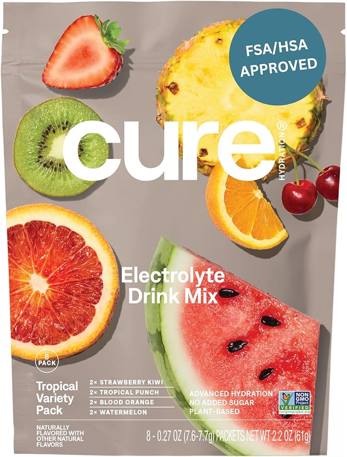 Cure Hydration | Plant-Based Electrolyte Drink Mix | No Added Sugar | FSA-HSA | Dehydration Relief Powder Made with Coconut Water | Non-GMO | Vegan | 8 Packets - Tropical Variety Pack