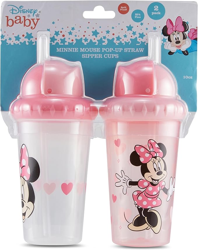 Disney Toddler Sippy Cups for Boys and Girls | 10 Ounce Sippy Cup Pack of Two with Straw and Lid | Durable Leak Proof Travel Water Bottle for Toddlers