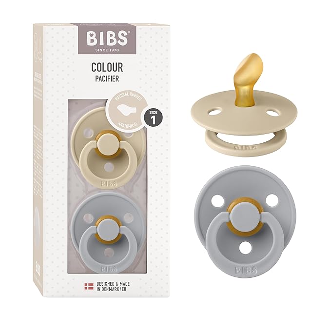 BIBS Pacifiers - Set of 2 | Colour Pacifier with Anatomical Nipple | BPA-Free Natural Rubber | Made in Denmark | Vanilla/Cloud, 0-6 Months