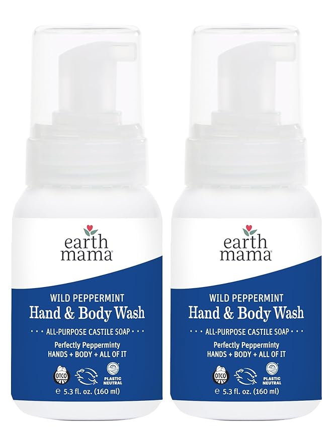 Earth Mama Wild Peppermint Hand & Body Wash | Foaming Castile Soap Liquid and Hand Soap, Made with Organic Wild Mint & Peppermint Oil, 5.3 fl oz (2-Pack)