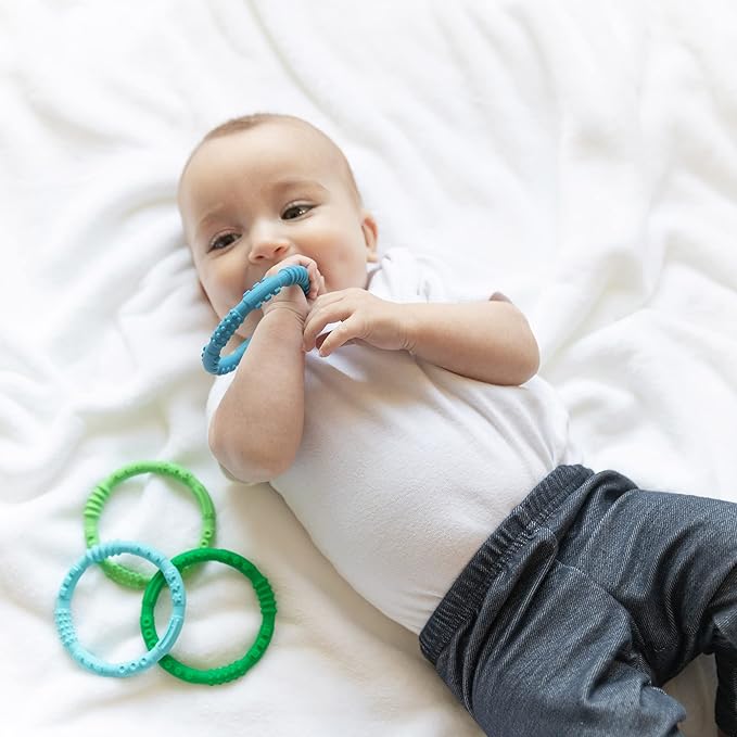 Bumkins Baby Teething Freezer Toy Keys Rings, Soft Flexible Pacifier to Chew, Cool Teether Gum Relief, Babies 3 Months, Freezable, Platinum Cured Silicone, Sensory Bracelet, 4-pk Blue and Green