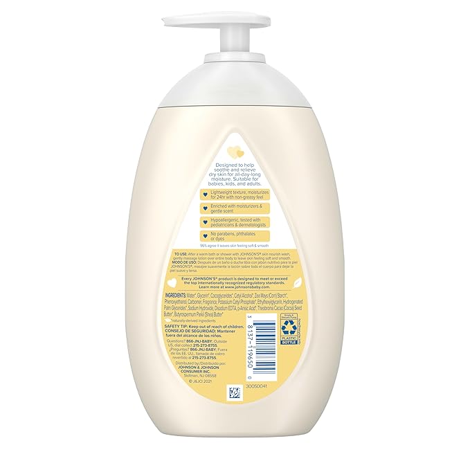 Johnson's Skin Nourish Moisturizing Baby Lotion for Dry Skin with Shea & Cocoa Butter Scents, Gentle & Lightweight Body Lotion for The Whole Family, Hypoallergenic, Dye-Free, 16.9 fl. oz