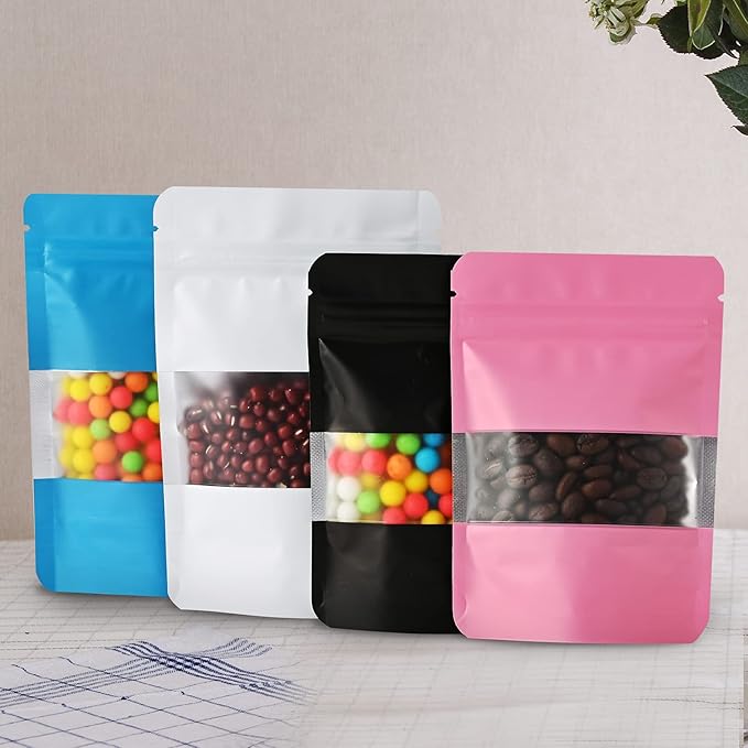 100 Pieces Smell Proof Mylar Resealable Food Storage Bags With Clear Window, Foil Pouch Stand-up for Self Sealing Supplies (Black, 3.5 x 5 Inch)