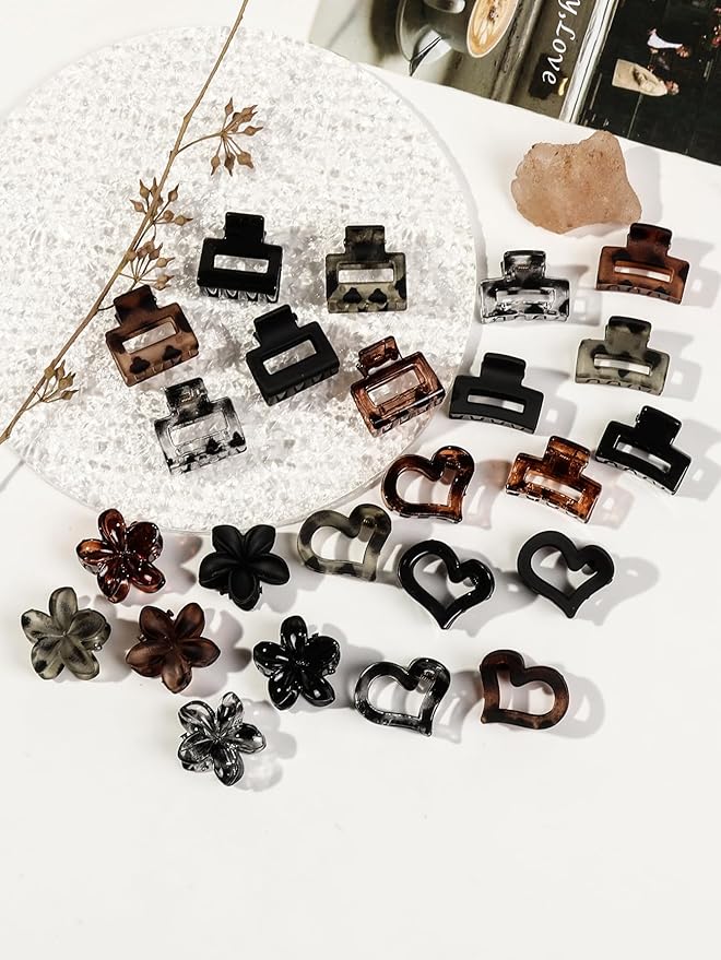 24 Small Hair Clips for Women Girls - Non-Slip Grip&Tangle-Free,Durable Plastic Mini Claw Clips (Tortoise & Black) for Thin/Medium Hair