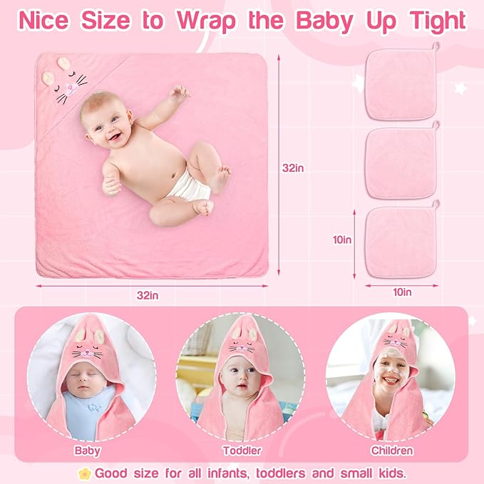 4 PCS Hooded Baby Towels, Absorbent Baby Bath Towel, Soft Baby Towels and 3 PCS Baby Washcloths for Newborns, Toddlers, and Kids, 32x32 in Baby Towel with Hood for Boy and Girl (Pink Kittens)