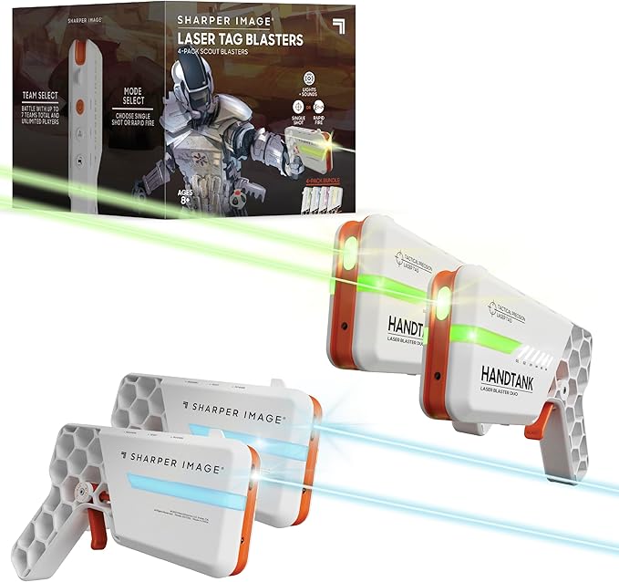 Sharper Image Tag Blaster Set – 4-Pack with Lights & Sounds, 110-ft Range, 7 Team Colors, Dual Firing Modes| Indoor & Outdoor Game for Kids Teens Adults| No Vests Needed, White