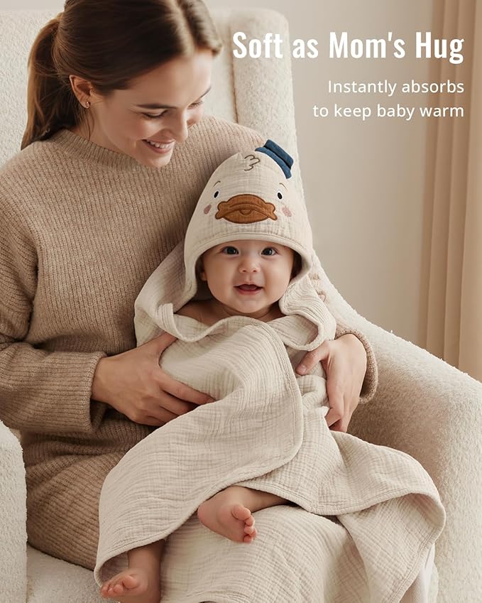 Blissful Diary Muslin Baby Hooded Towel 2 Pack, Soft & Absorbent Bath Towel for Infant, Toddler, Unisex, Baby Gift, Newborn Essentials, Bear & Duck