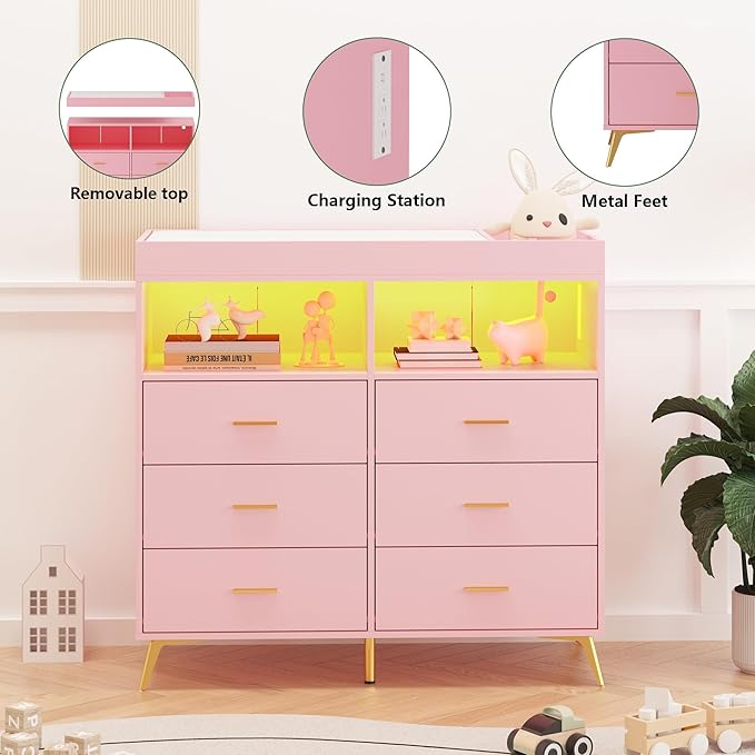 Baby Changing Table Dresser with 6 Drawers, Baby Nursery Dresser, LED Lights & Charging Station – Multifunctional Nursery Dresser with Removable Changing Top, Anti-Tip Design, Pink
