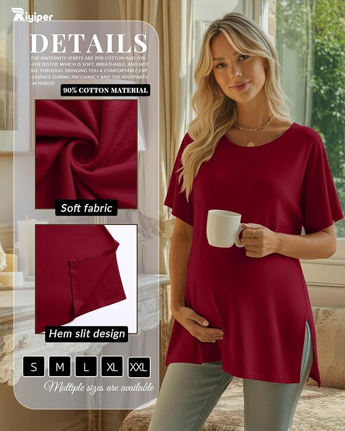 Riyiper 3 Pack Women's Maternity Tunic Shirts Cotton Summer Pregnancy Clothes Loose Oversized Split Side Blouse Tops