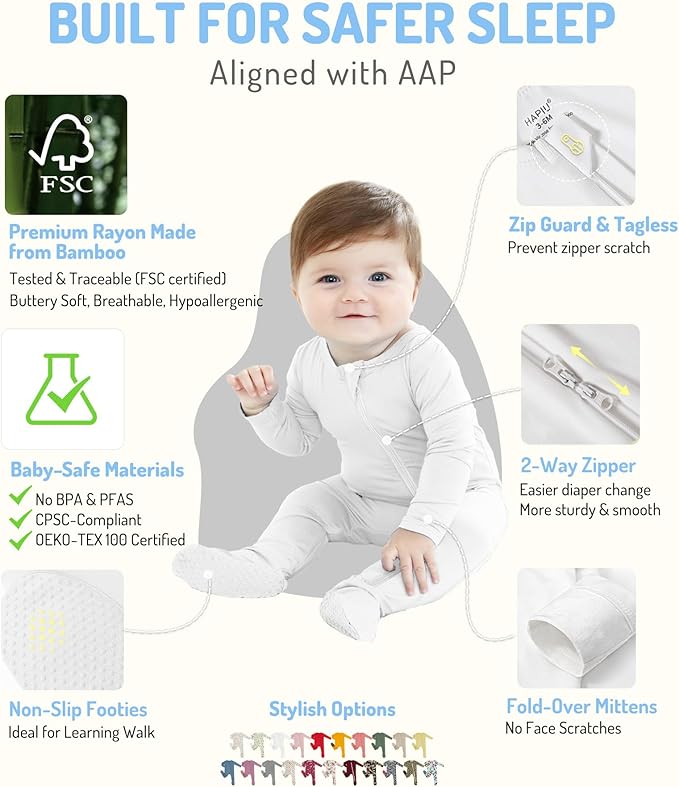 HAPIU Rayon from Bamboo Baby Footed Pajamas, 2 Way Premium Zipper, Footie for Baby Boy Girls, Newborn-24 Months