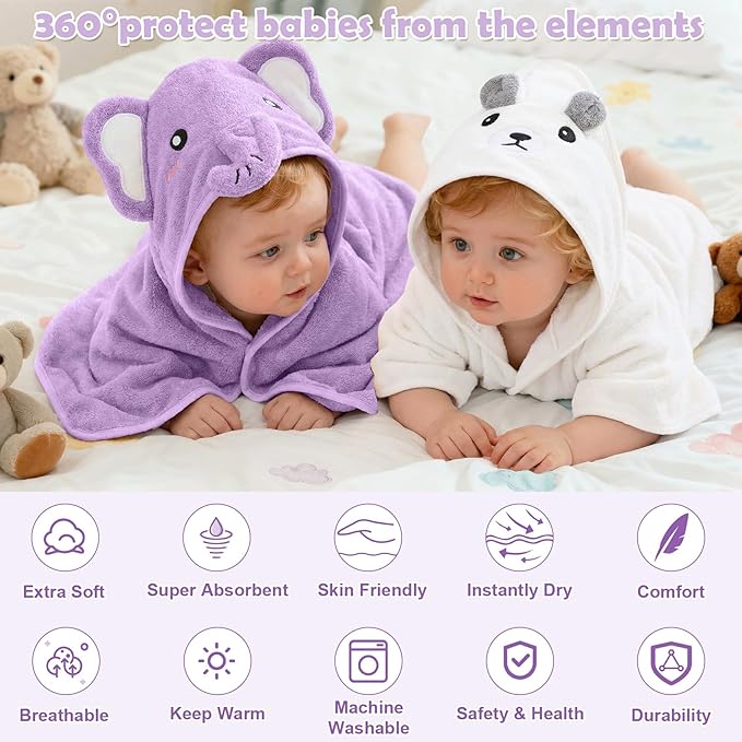 CandyHome 12 PCS Baby Bath Towels Set for Infants Toddlers, 4 PCS Animal Hooded Baby Towels & 8 PCS Washcloths Set, Ultra Absorbent Soft Cute Newborn Bath Essentials Gifts for Boys & Girls