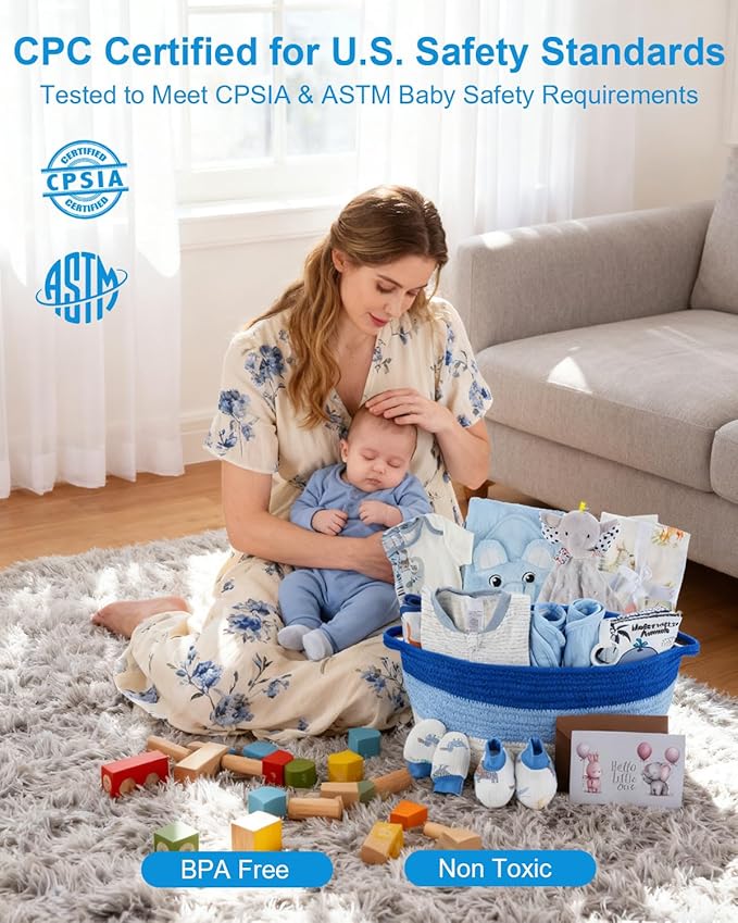 22-Pcs Baby Boy Gift Basket Set, Blue (0-12M Newborn) | Premium Baby Shower Gifts for Boys: Newborn Essentials Set in Woven Basket with Balloon & Bow, Ultimate Welcome Baby Package