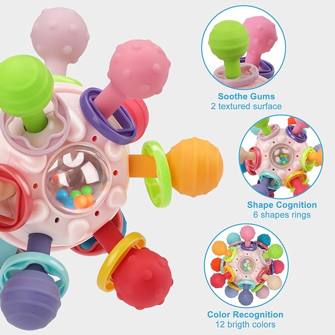 Baby Teething Toys, Baby Teethers Montessori Sensory Toys for 0-6 6-12 Months, Gifts for 1 Year Old Boys Girls Infant Newborn 0 3 6 9 12 18 Months Toys, Pink