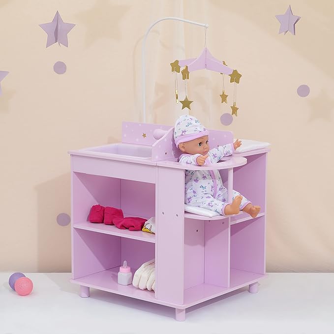 Olivia's Little World Baby Doll Changing Station with Built-in Baby Doll High Chair, Closet, Shelves, Sink, Overhead Mobile, & Baby Doll Clothing Hangers for up to 18 Inch Dolls, Purple Stars