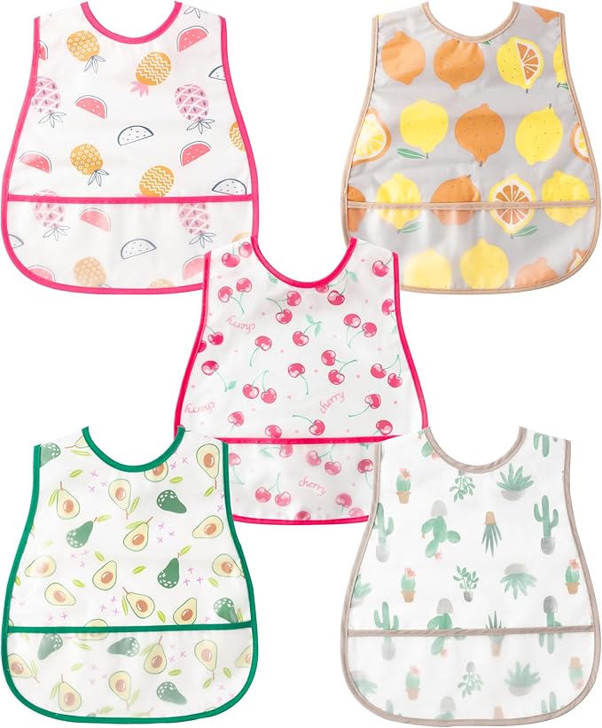 R HORSE 5Pcs Baby Bibs Set Toddler Bibs with Crumb Catcher Pocket & Snap Button Waterproof Baby Feeding Bibs for 6-24 Months