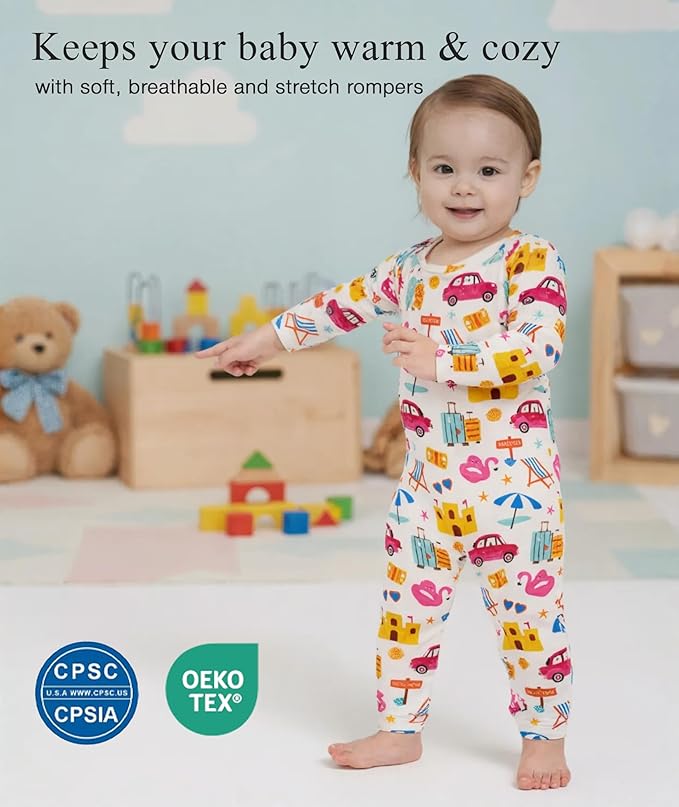 Baby Boy and Girl Romper Long Sleeve Jumpsuit One-Piece Footless Pajamas, Viscose Made from Bamboo