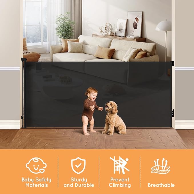 Retractable Baby Gate for Stairs, 71" Wide Mesh Pet Gate, Automatic Tension, One-Hand Operation, 38" Tall Baby Gates for Doorways, Hallways, Deck, Indoor Outdoor, Safe, Easy to Fit, Black