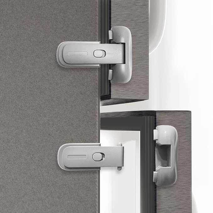 Fridge Lock, Refrigerator Lock for Kids, Freezer Latches to Keep Door Closed, One-Handed Operation, Strong Adhesive Tapes Included, 2 Pack, Grey