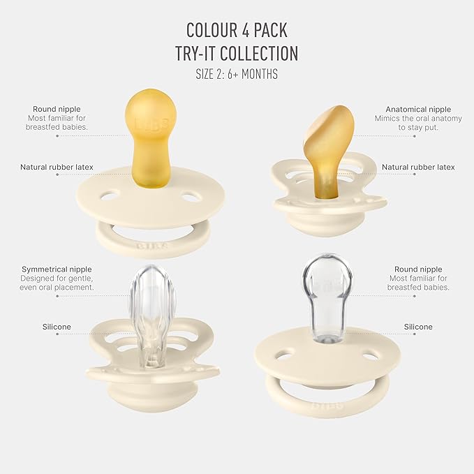 BIBS Try-It Collection | 4-Pack Soothers | BPA-Free Round, Anatomical & Symmetrical Nipple | Natural Rubber Latex/Silicone | Made in Denmark | 6-18 Months | Ivory