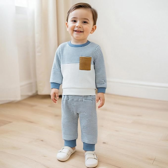 Toddler Baby Boy Fall Outfit Long Sleeve Crew Neck Contrast Color Sweatshirt Top Pant Cute Newborn Infant Waffle Clothes