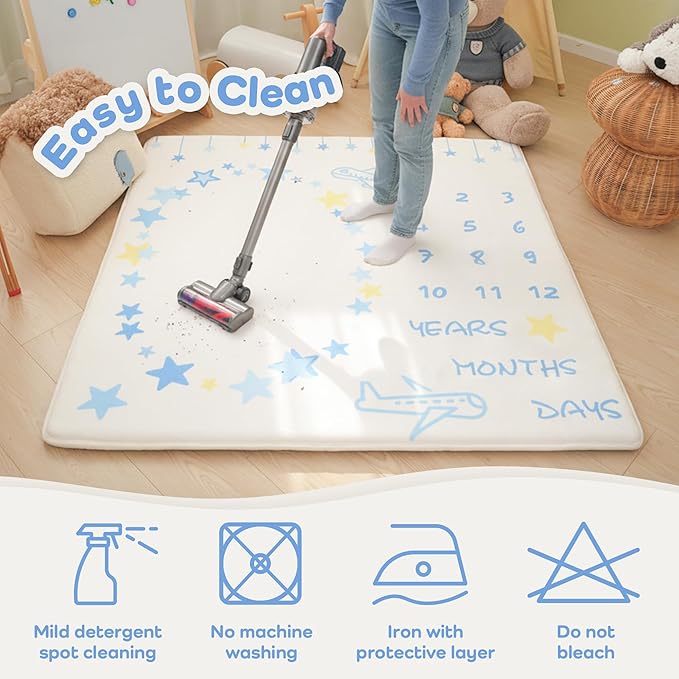 1.3" Thick Playmat for Floor, 50 x50 Monthly Milestone Mat, Padded Support Soft Plush Nursery Mat for Crawling Kick Activity, Flannel Photography Background Prop for Boys Grils