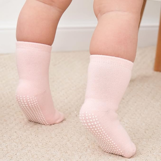 ZAPLES Baby Non Slip Grip Crew Socks with Anti Skid Soles for Infants Toddlers Kids Boys Girls
