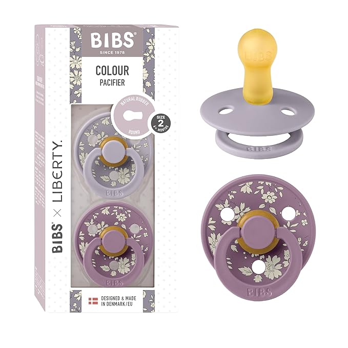 BiBS Liberty Pacifier 2-Pack, BPA Free Pacfiers with Natural Latex Round Nipple, Made in Scandinavia, Size 2 (6-18 Months), Capel Fossil Grey