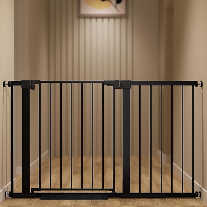 29-51 inches Extra Wide Metal Baby Gate for Stairs/Doorways, 30 inches Tall Pressure Mounted Pet Gates, Auto-Close Child Safety Gate, No Drilling Easy Walk-Through Dog Gate Indoor, Black