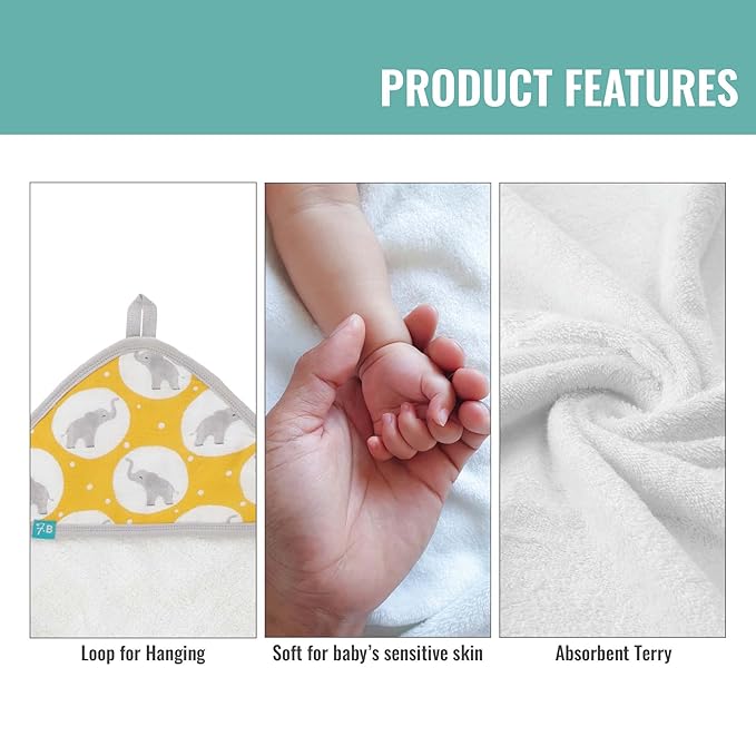 Featherhead™ 5-Piece 100% Cotton Muslin Hooded Bath Towel & Washcloths Unisex Set for Baby Boy & Girl - Ultra Soft and Extra Absorbent - Newborn Essential & Perfect Baby Registry Gift (Grey Elephant)