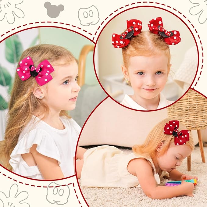 4PCS Mouse Ears Hair Bow Clips, 3 Inch Toddler Girls Polka Dot Hair Accessories, Birthday Party Decoration for Baby Toddler Girls