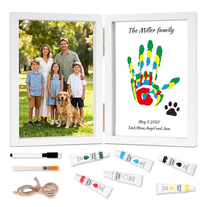 Family Handprint Kit, DIY Baby Hand and Footprint Handmade Keepsake Wooden Frame, Family Gifts with 6 Non-Toxic Baby-Safe Paint, Ideas Gift for New Parents, Grandparents, Father's Day, Mother's Day