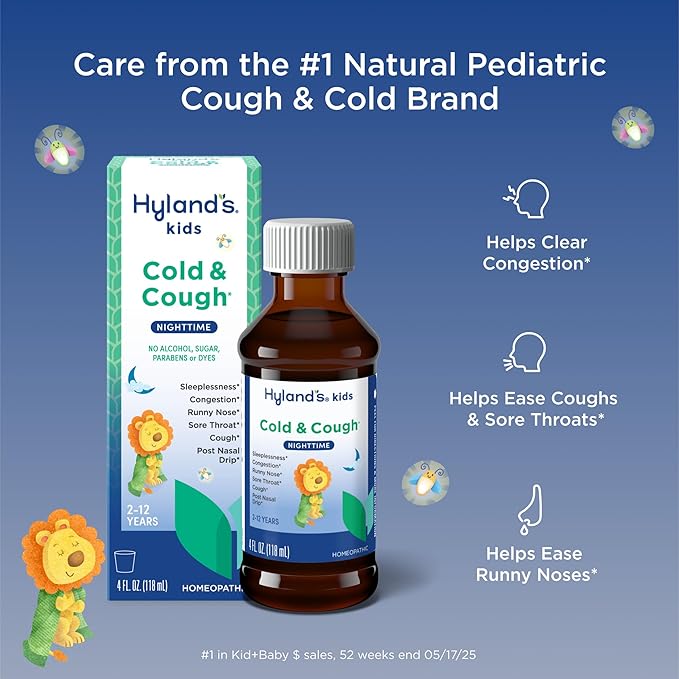 Hyland's Kids Cold and Cough, Nighttime Cough Syrup Medicine for Kids Ages 2 and up, Decongestant, Sore Throat relief and Sleeplessness, Relief of Common Cold Symptoms, 4 Fl Oz