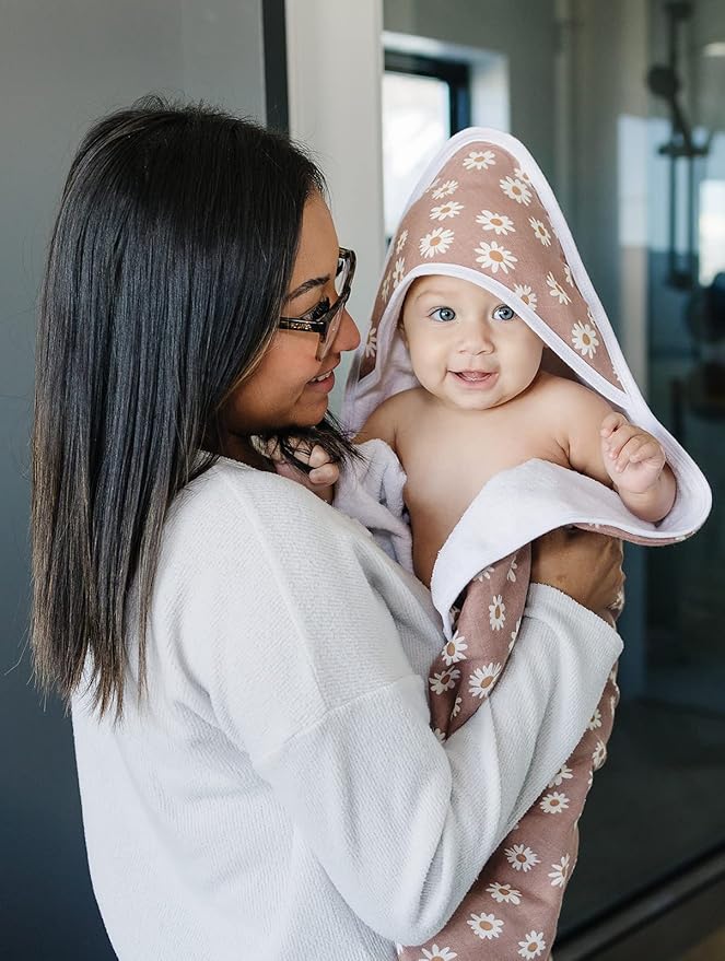 Mebie Baby Hooded Towel, Daisy Dream, 100% Muslin Cotton, Cozy and Breathable Bath Towel for Newborn, Infant & Toddler, Unisex, Floral Pattern, 33.4 x 33.4 inches, 0.79 pounds