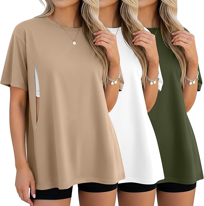 3 Pack Women's Oversize Nursing Breastfeeding Shirts Hidden Zipper Short Sleeve Loose Fit Maternity Tops