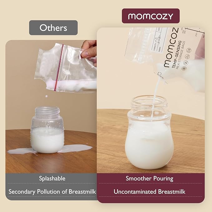 Momcozy Breastmilk Storage Bag, 8Oz, Temp-Sensing Color Change, 200 Count Milk Storage Bags Breastmilk with Pour Spout, Milk Bag with Self Standing for Breastfeeding, No Leak Presterilized for Freezer