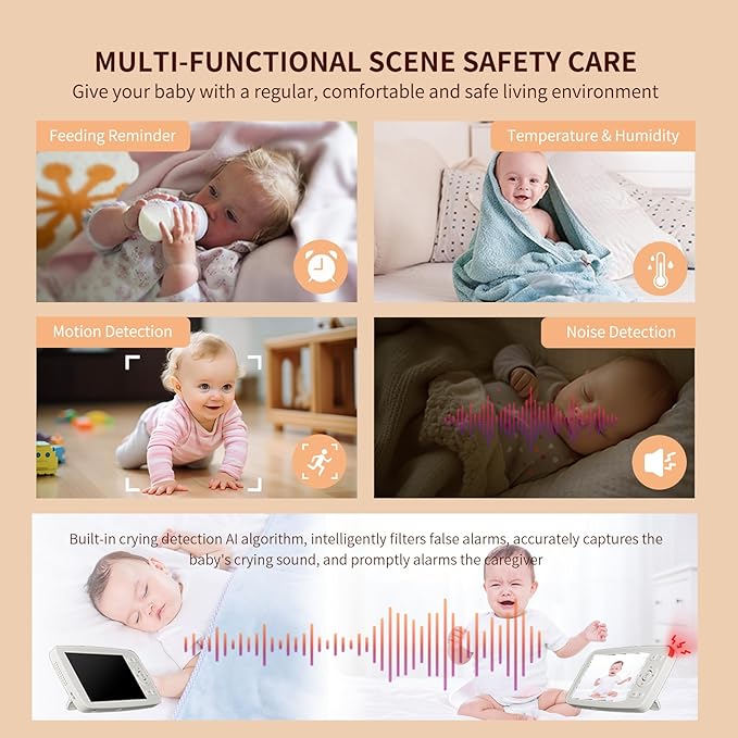Smart Baby Monitor with 1080P Camera, Night Vision, 2-Way Audio & Cry Detection | No WiFi, Temp Sensor, 1000ft Range, Rechargeable Parent Unit for Nursery