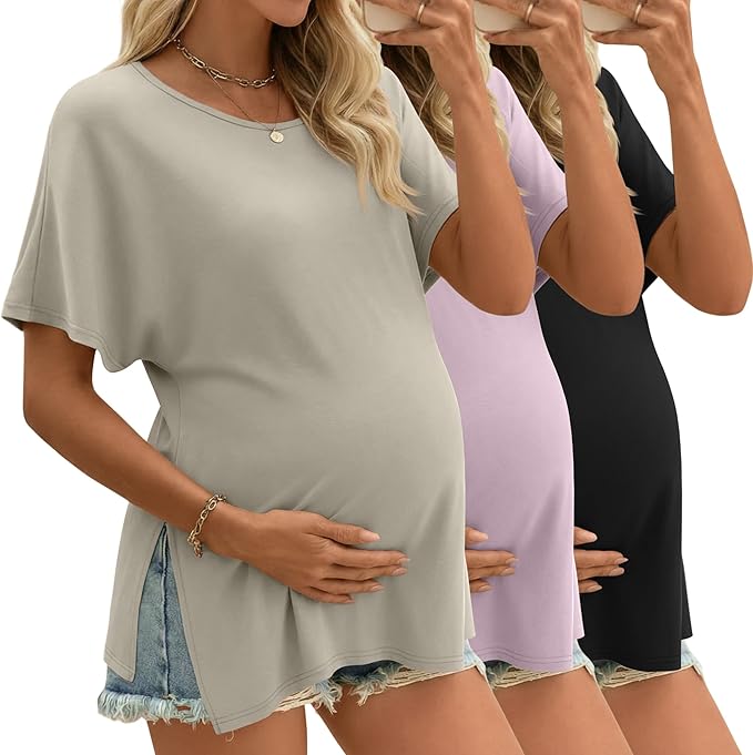 Riyiper 3 Pack Women's Maternity Tunic Shirts Cotton Summer Pregnancy Clothes Loose Oversized Split Side Blouse Tops